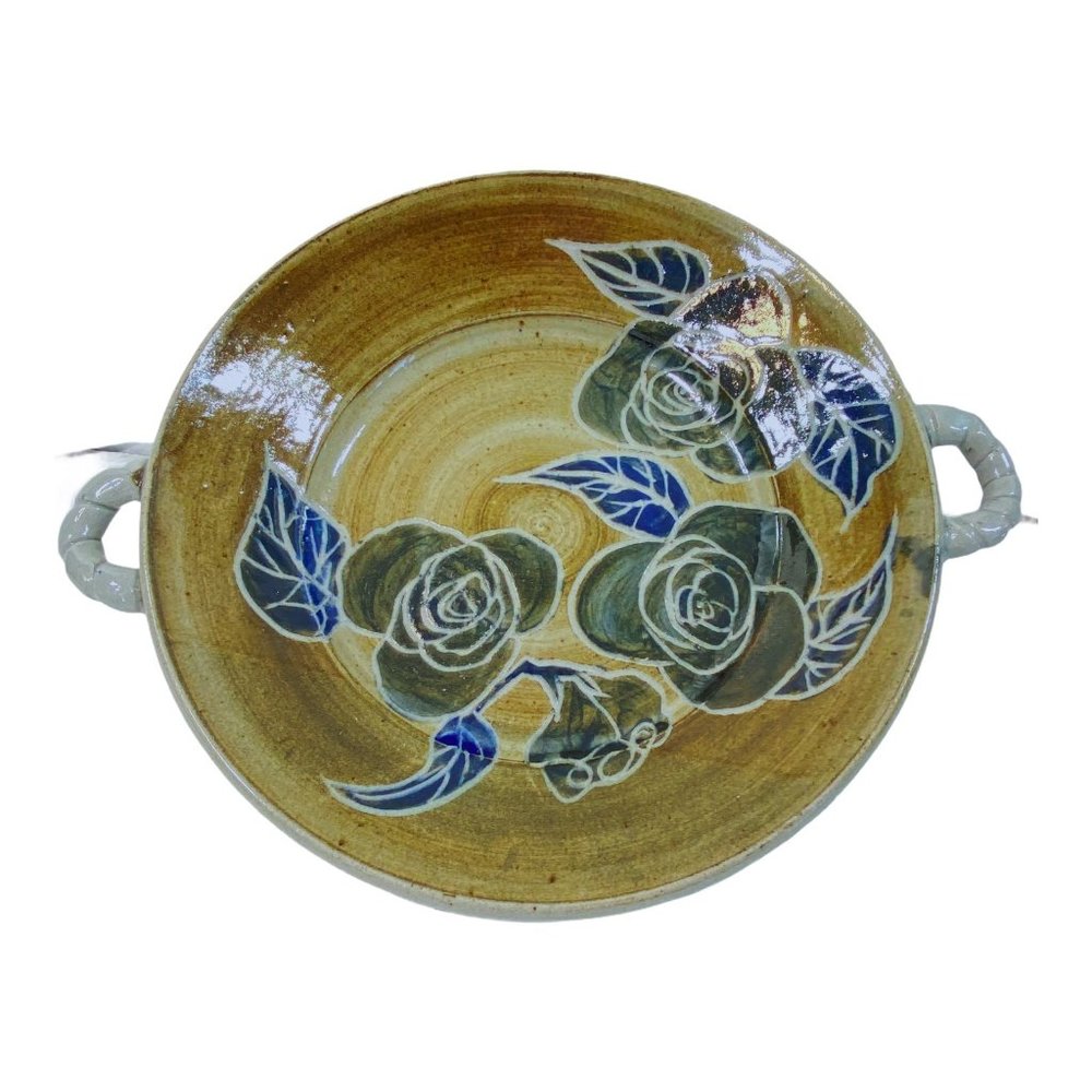 Hand Thrown Stoneware Pottery Glazed Bowl Signed by Artist Floral 11"W Handmade